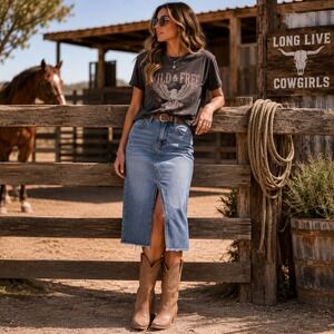 Pistola Denim Midi Skirt Womens 27 Blue High Rise Front Slit Raw Frayed Hem